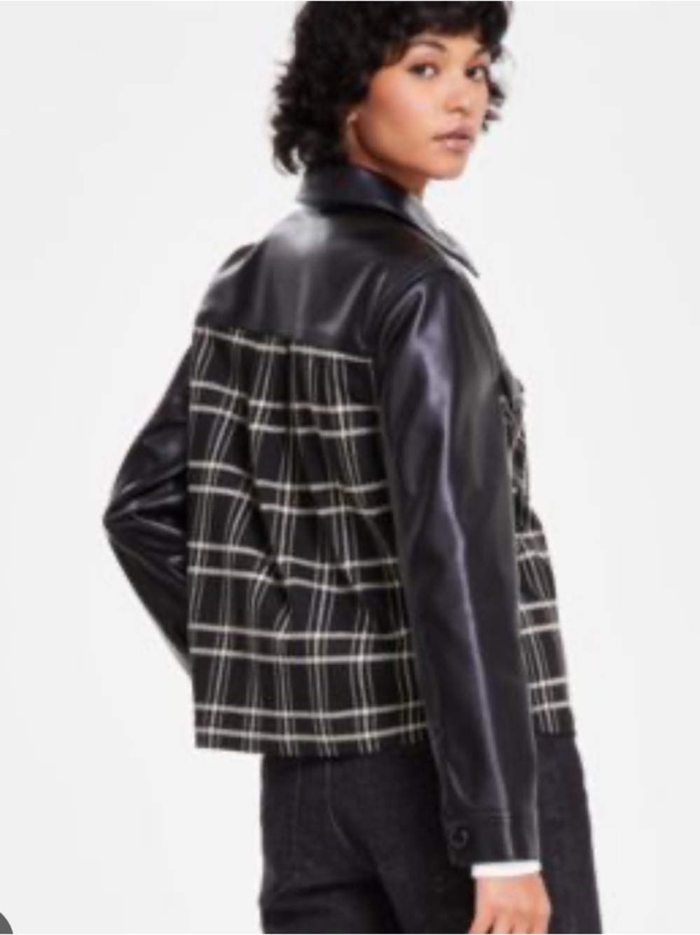 Liverpool Los Angeles Black Faux-Leather Mixed Plaid Jacket